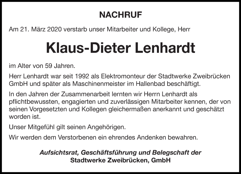  Traueranzeige für Klaus-Dieter Lenhardt vom 28.03.2020 aus saarbruecker_zeitung