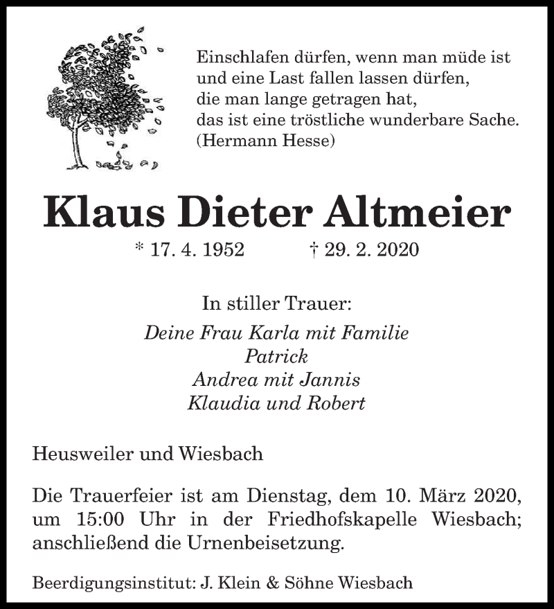  Traueranzeige für Klaus Dieter Altmeier vom 07.03.2020 aus saarbruecker_zeitung