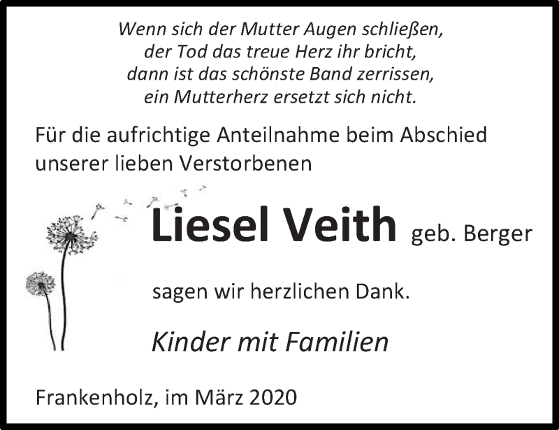  Traueranzeige für Liesel Veith vom 14.03.2020 aus saarbruecker_zeitung
