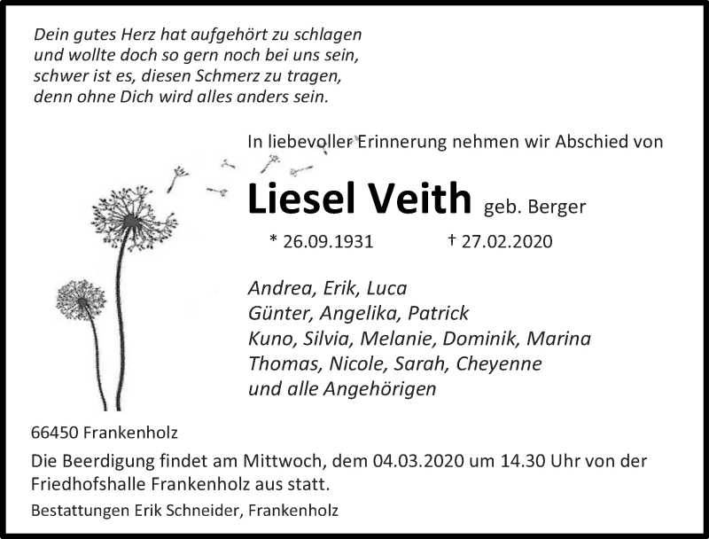  Traueranzeige für Liesel Veith vom 29.02.2020 aus saarbruecker_zeitung