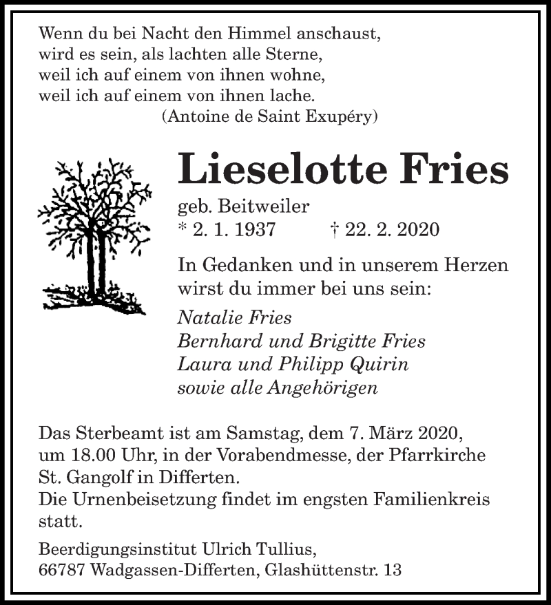  Traueranzeige für Lieselotte Fries vom 29.02.2020 aus saarbruecker_zeitung