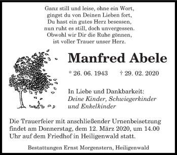 Traueranzeige von Manfred Abele von saarbruecker_zeitung