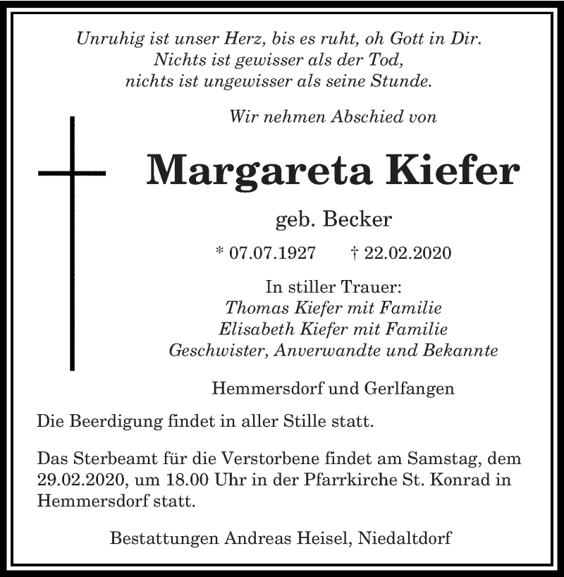  Traueranzeige für Margareta Kiefer vom 29.02.2020 aus saarbruecker_zeitung