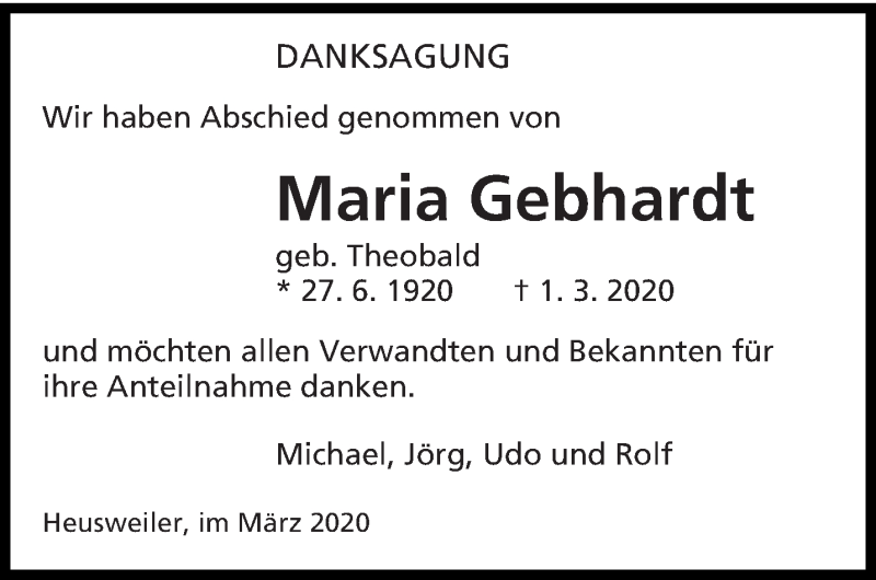  Traueranzeige für Maria Gebhardt vom 28.03.2020 aus saarbruecker_zeitung