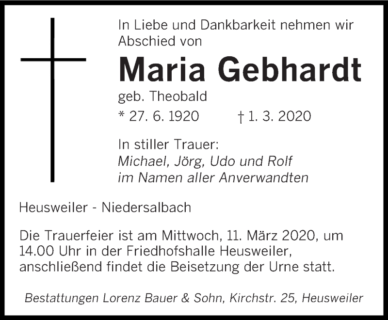  Traueranzeige für Maria Gebhardt vom 07.03.2020 aus saarbruecker_zeitung