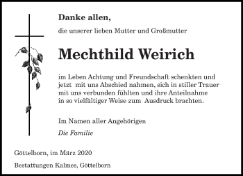 Traueranzeige von Mechthild Weirich von saarbruecker_zeitung
