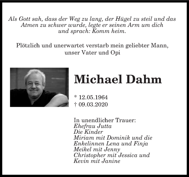  Traueranzeige für Michael Dahm vom 18.03.2020 aus saarbruecker_zeitung
