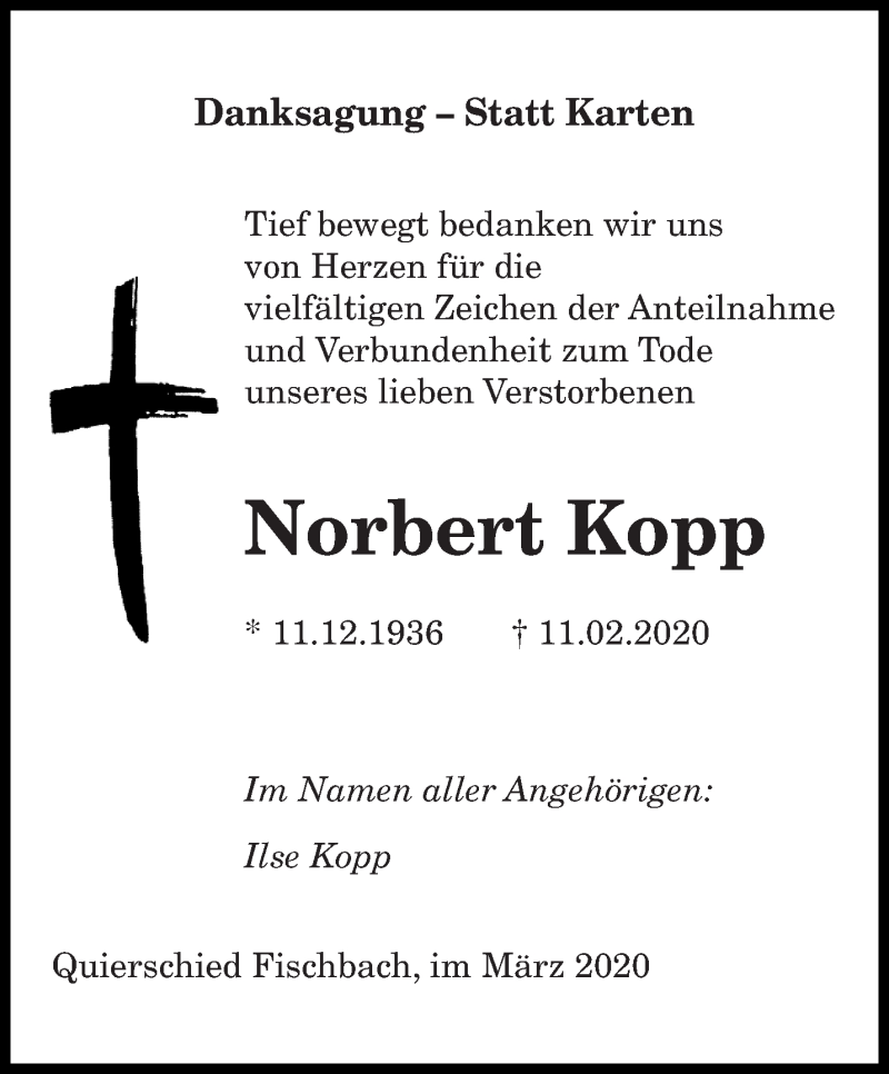  Traueranzeige für Norbert Kopp vom 14.03.2020 aus saarbruecker_zeitung