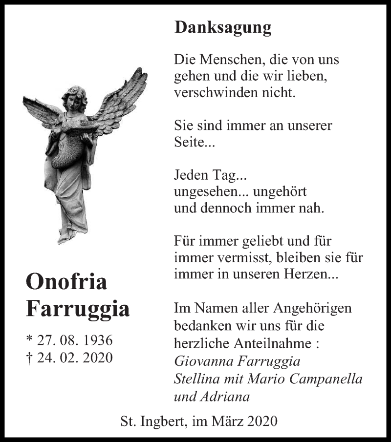  Traueranzeige für Onofria Farruggia vom 18.03.2020 aus saarbruecker_zeitung