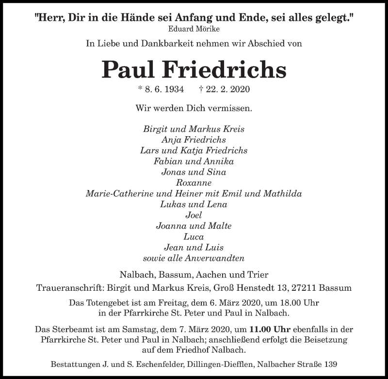 Traueranzeige für Paul Friedrichs vom 29.02.2020 aus saarbruecker_zeitung