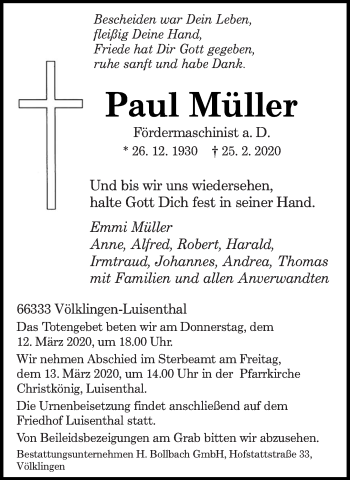 Traueranzeige von Paul Müller von saarbruecker_zeitung
