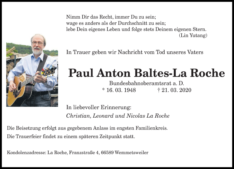  Traueranzeige für Paul Anton Baltes-La Roche vom 25.03.2020 aus saarbruecker_zeitung