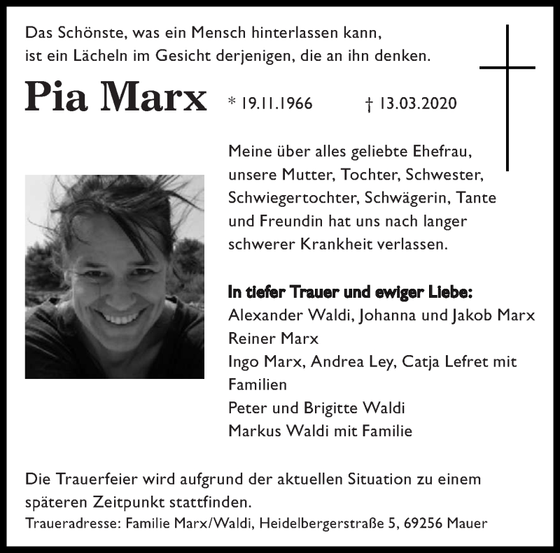 Traueranzeigen von Pia Marx | Saarbruecker-Zeitung.Trauer.de