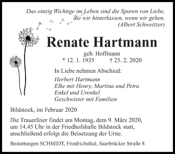 Traueranzeige von Renate Hartmann von saarbruecker_zeitung