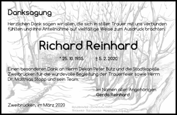 Traueranzeige von Richard Reinhard von saarbruecker_zeitung