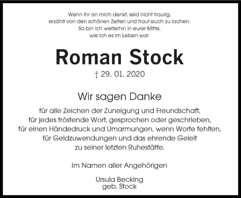  Traueranzeige für Roman Stock vom 29.02.2020 aus saarbruecker_zeitung