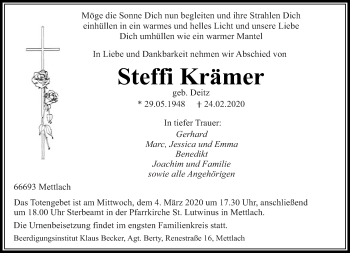 Traueranzeige von Steffi Krämer von saarbruecker_zeitung