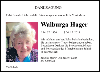 Traueranzeige von Walburga Hager von saarbruecker_zeitung