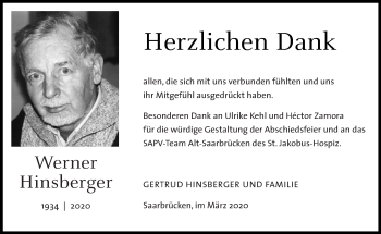 Traueranzeige von Werner Hinsberger von saarbruecker_zeitung