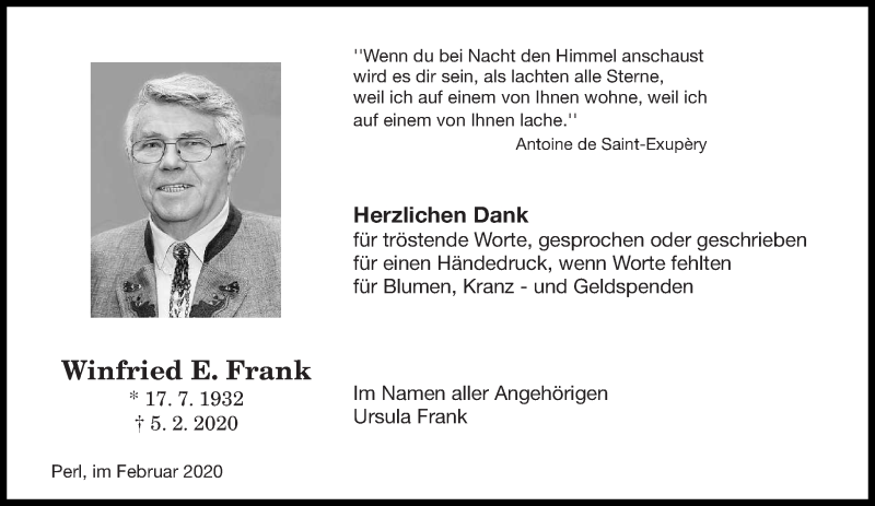  Traueranzeige für Winfried E. Frank vom 29.02.2020 aus saarbruecker_zeitung