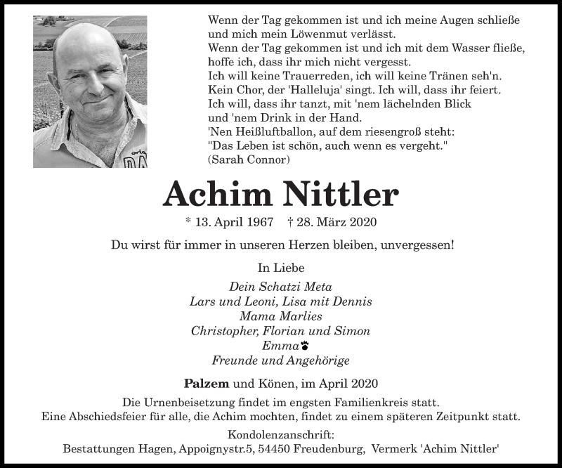  Traueranzeige für Achim Nittler vom 03.04.2020 aus saarbruecker_zeitung