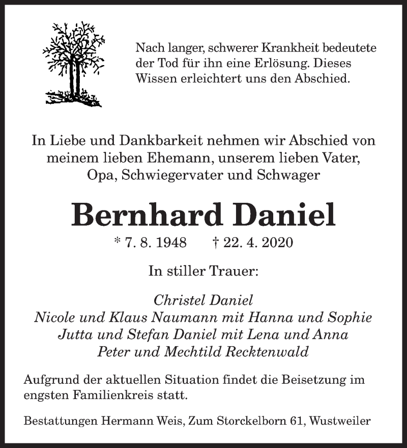  Traueranzeige für Bernhard Daniel vom 25.04.2020 aus saarbruecker_zeitung