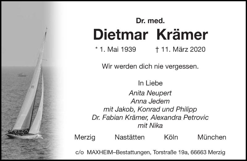  Traueranzeige für Dietmar Krämer vom 03.04.2020 aus saarbruecker_zeitung