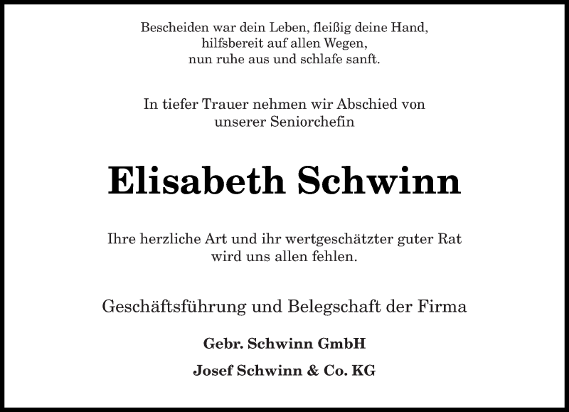  Traueranzeige für Elisabeth Schwinn vom 04.04.2020 aus saarbruecker_zeitung