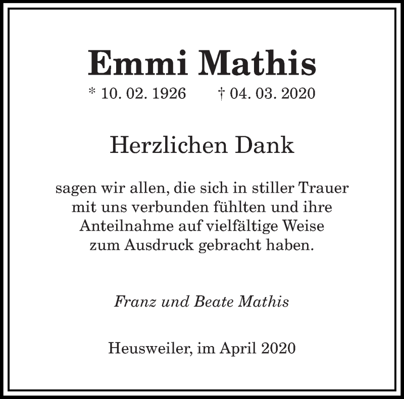  Traueranzeige für Emmi Mathis vom 07.04.2020 aus saarbruecker_zeitung