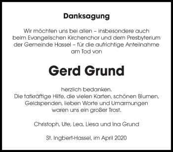 Traueranzeige von Gerd Grund von saarbruecker_zeitung