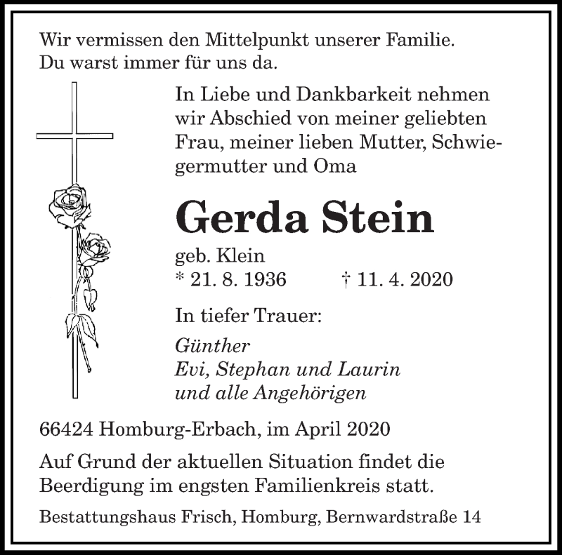 Traueranzeige für Gerda Stein vom 15.04.2020 aus saarbruecker_zeitung