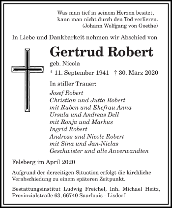 Traueranzeige von Gertrud Robert von saarbruecker_zeitung