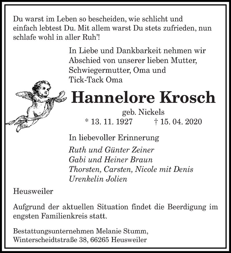  Traueranzeige für Hannelore Krosch vom 18.04.2020 aus saarbruecker_zeitung