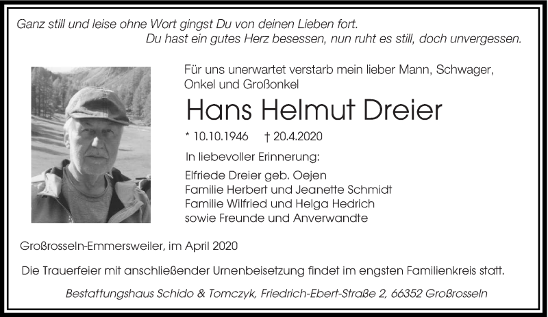  Traueranzeige für Hans Helmut Dreier vom 27.04.2020 aus saarbruecker_zeitung