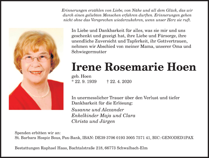  Traueranzeige für Irene Rosemarie Hoen vom 25.04.2020 aus saarbruecker_zeitung