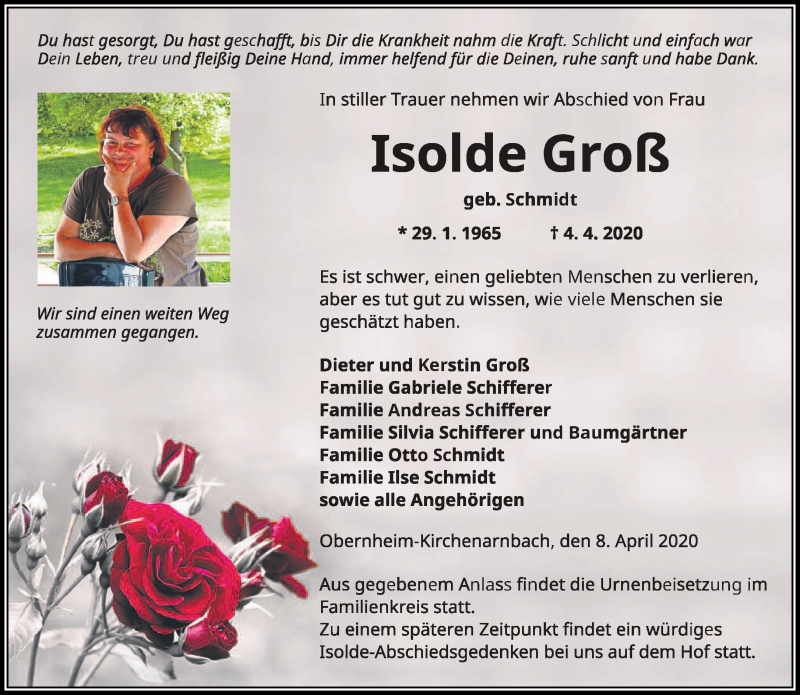  Traueranzeige für Isolde Groß vom 08.04.2020 aus saarbruecker_zeitung