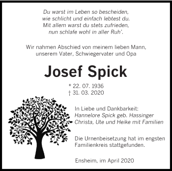 Traueranzeige von Josef Spick von saarbruecker_zeitung