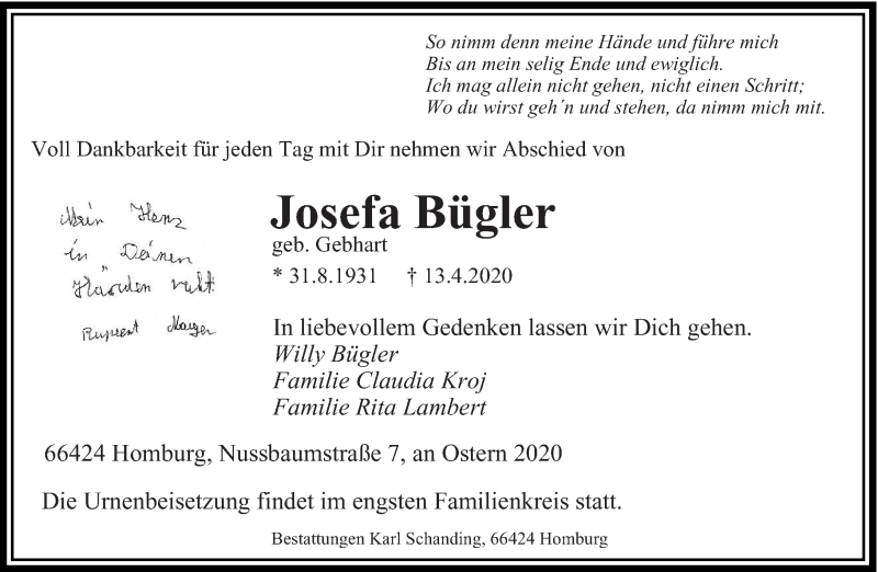  Traueranzeige für Josefa Bügler vom 18.04.2020 aus saarbruecker_zeitung