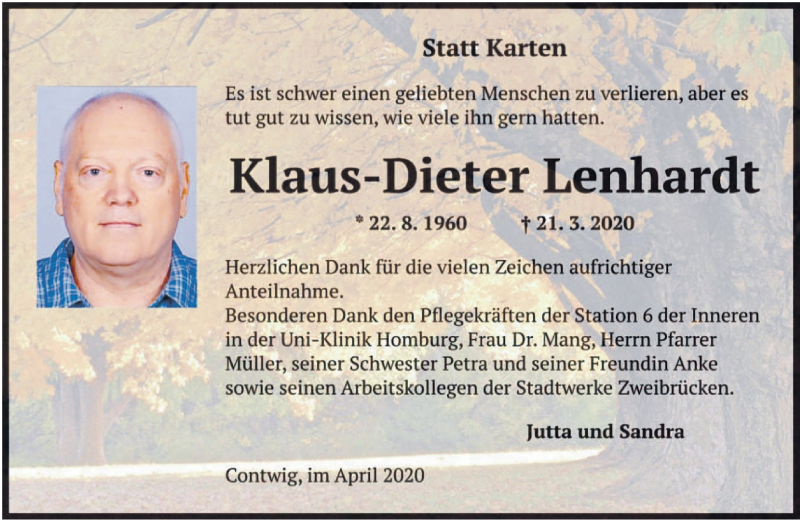  Traueranzeige für Klaus-Dieter Lenhardt vom 18.04.2020 aus saarbruecker_zeitung