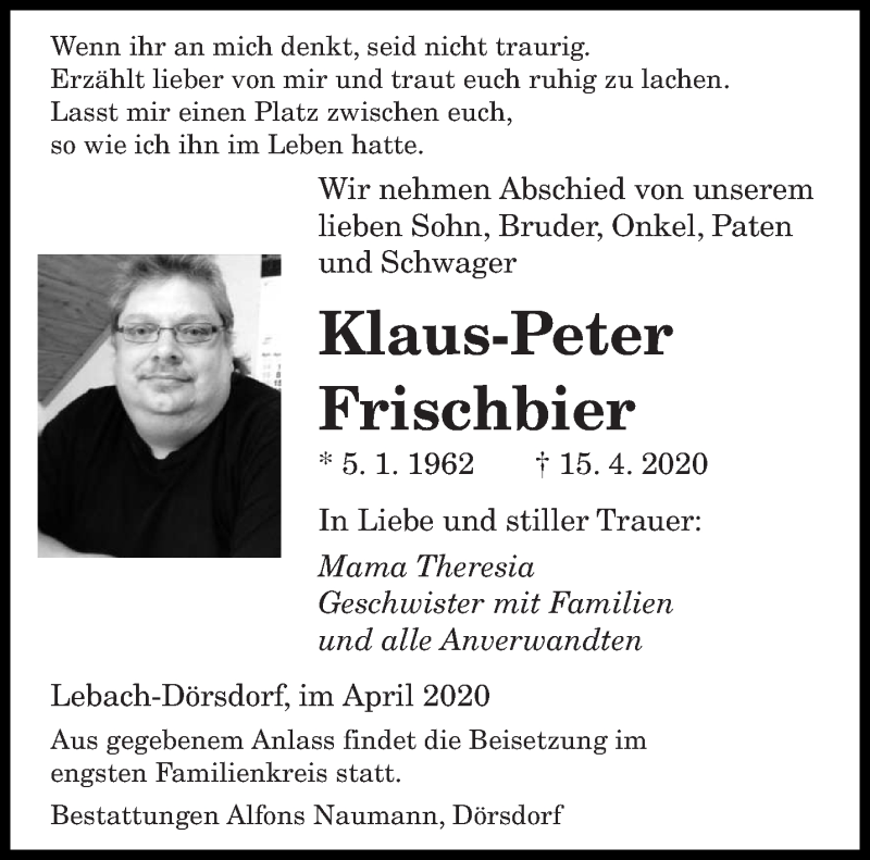  Traueranzeige für Klaus-Peter Frischbier vom 22.04.2020 aus saarbruecker_zeitung