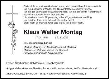 Traueranzeige von Klaus Walter Montag von saarbruecker_zeitung