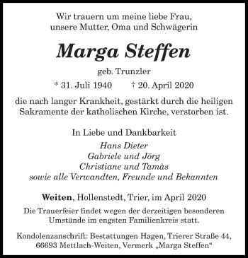 Traueranzeige von Marga Steffen von saarbruecker_zeitung