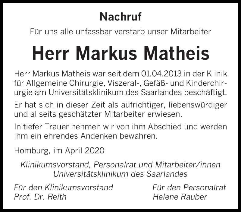  Traueranzeige für Markus Matheis vom 23.04.2020 aus saarbruecker_zeitung