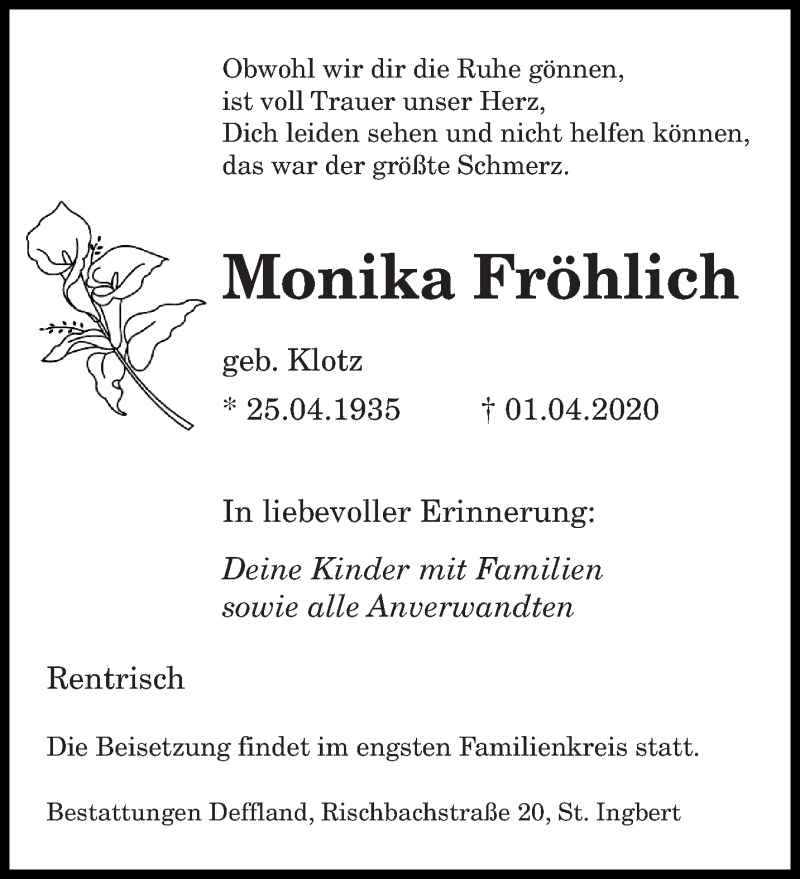  Traueranzeige für Monika Fröhlich vom 04.04.2020 aus saarbruecker_zeitung