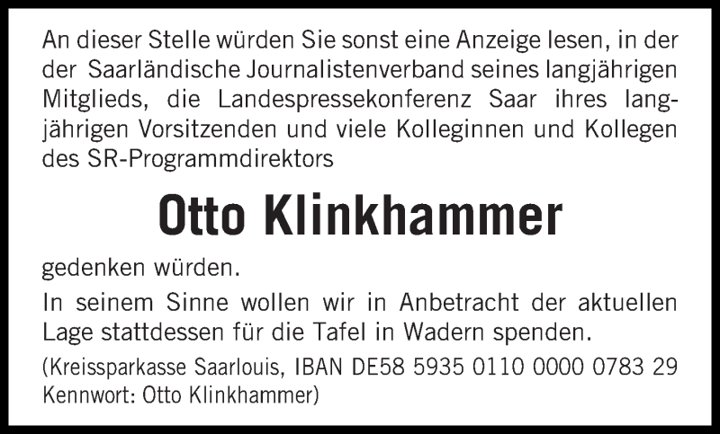  Traueranzeige für Otto Klinkhammer vom 04.04.2020 aus saarbruecker_zeitung
