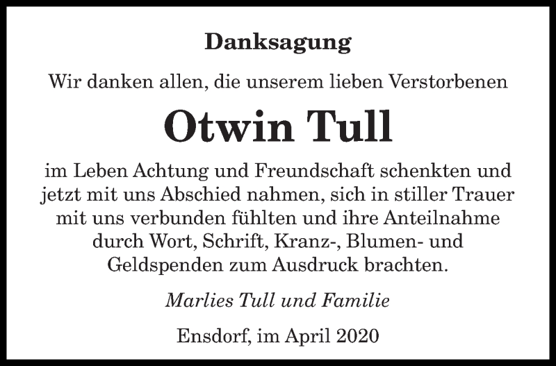  Traueranzeige für Otwin Tull vom 11.04.2020 aus saarbruecker_zeitung
