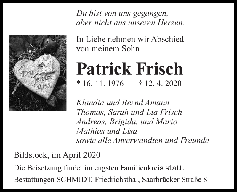  Traueranzeige für Patrick Frisch vom 18.04.2020 aus saarbruecker_zeitung