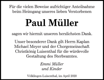 Traueranzeige von Paul Müller von saarbruecker_zeitung