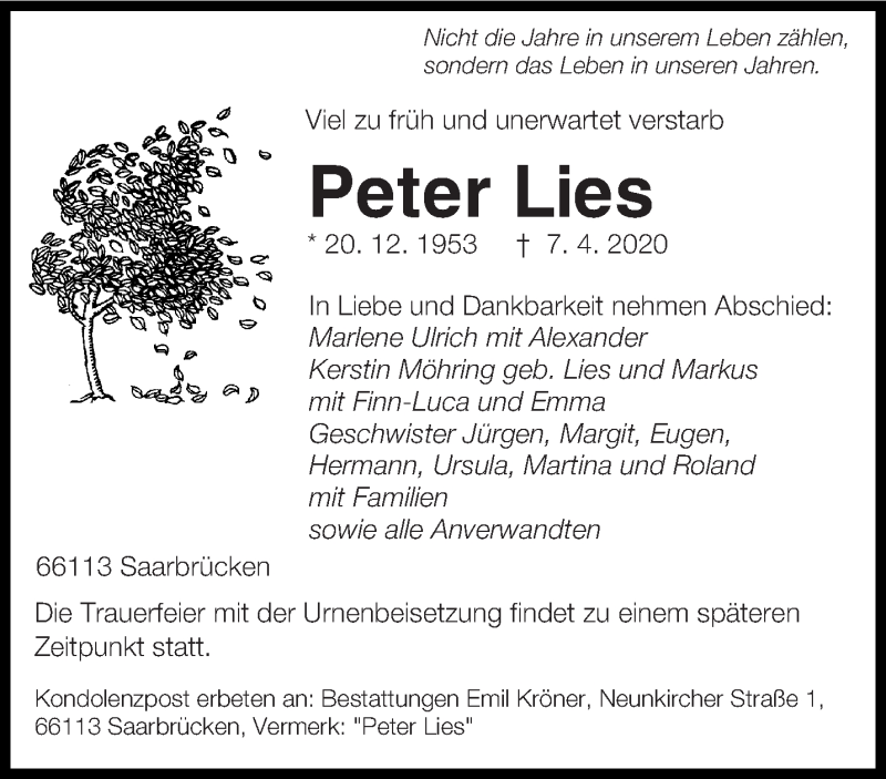  Traueranzeige für Peter Lies vom 11.04.2020 aus saarbruecker_zeitung
