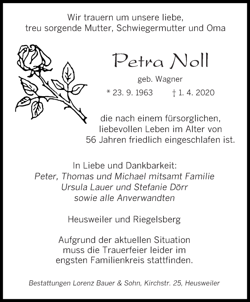  Traueranzeige für Petra Noll vom 06.04.2020 aus saarbruecker_zeitung